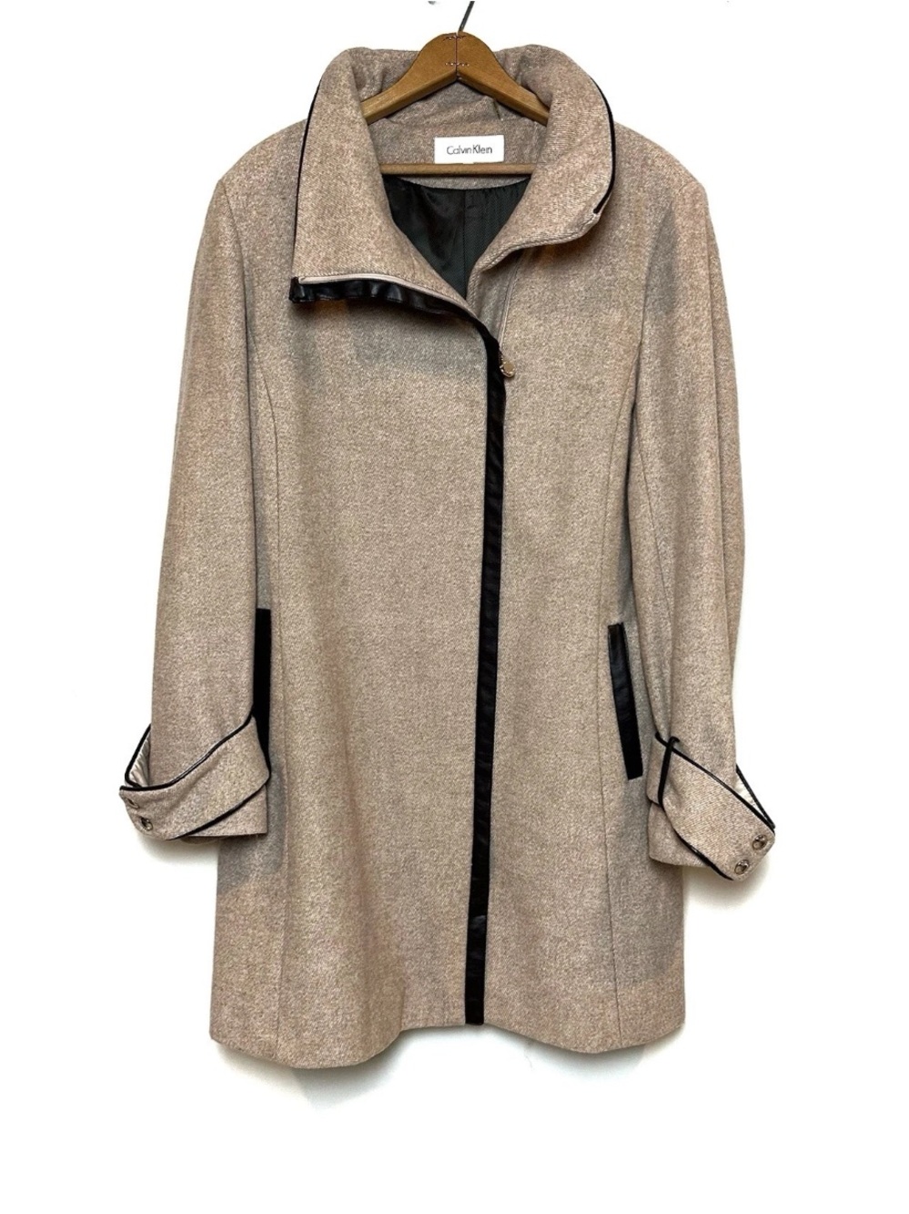 Calvin Klein Envelope Collar Wool Blend Walker Coat Beige